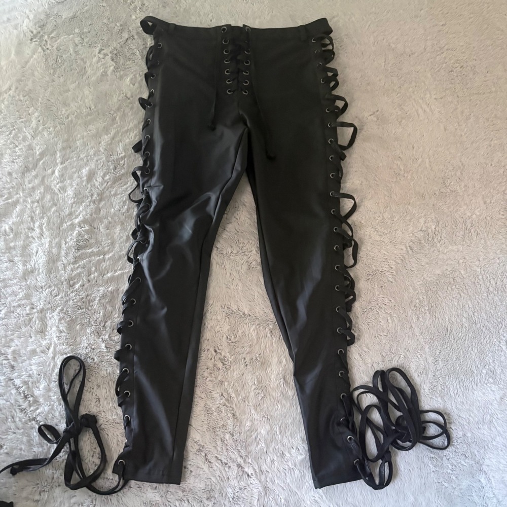 Club Exx Dolls Kill Black Faux Leather Lace Up Leggings Rave Festival Womens XL